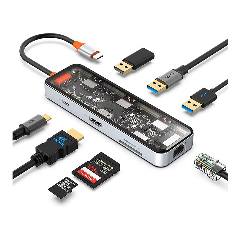 Usb Hub - USB-Cハブ。4Kポート、イーサネットポート、100W PD、USB 3.0ポート×1、USB 2.0ポート×1、SD/TFカードスロット搭載。