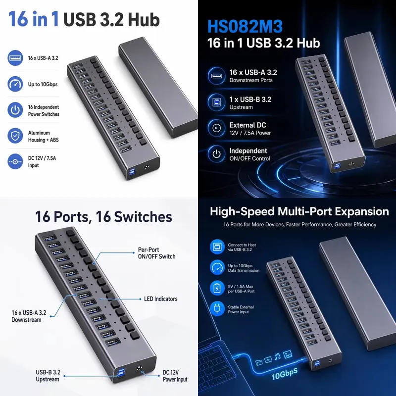Usb Hub - AP01 16ポート電源付きUSB 3.2 Gen2ハブ 10Gbps 16x