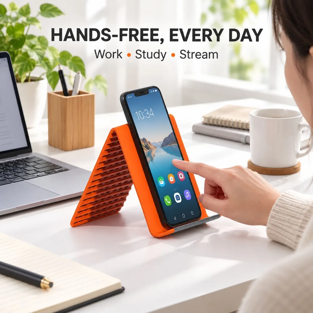 Laptop Stand - 曲げられるシリコン製デバイススタンド。スマートフォン、タブレット、ノートパソコンに対応。折りたたみ式で、滑り止め加工が施されており、ビデオ通話、仕事、旅行時にデスクに設置して使用できます。