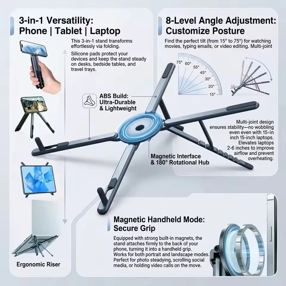 Laptop Stand - 携帯電話用マグネット式ホルダー＆自撮り棒 3-in-1 折りたたみ式三脚スタンド iPhone、iPad、タブレット、ノートパソコン、デスクトップ用