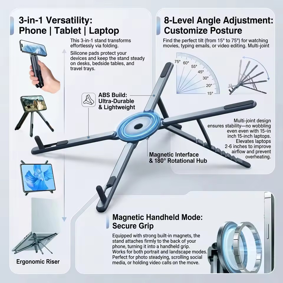 3 in 1折りたたみ式マグネット式携帯電話ホルダー、自撮り - Laptop Stand のレビューと価格