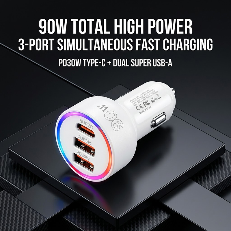 90Wカーチャージャーアダプター、マルチカラーLEDアンビエ - Usb C Hub のレビューと価格