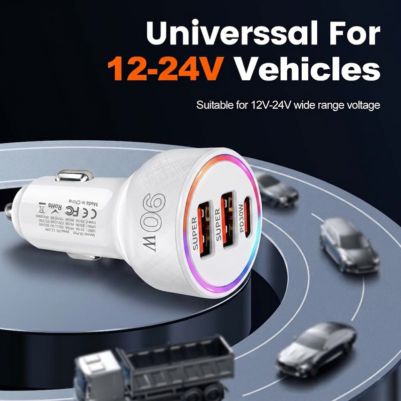 90Wカーチャージャーアダプター、マルチカラーLEDアンビエ - Usb C Hub のレビューと価格